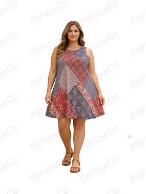 Nina Leonard Patchwork A-Line Dress XL Sleeveless Pockets Multicolor